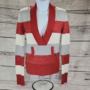 Aeropostale Red, Ivory, & Gray Striped Knit Deep Vneck Hooded Sweater